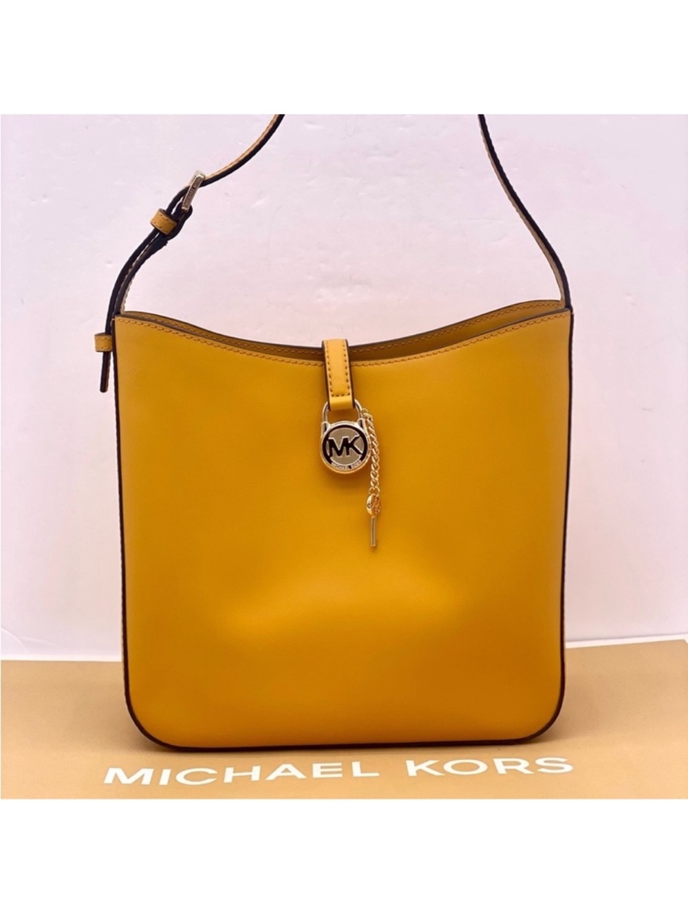Michael Kors Yellow Leather Shoulder Tote with MK Charm - Picture 11 of 12